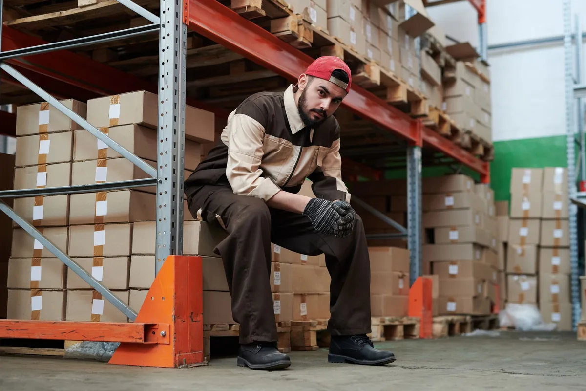A warehouse worker on an overnight shift, stretching a sore shoulder.