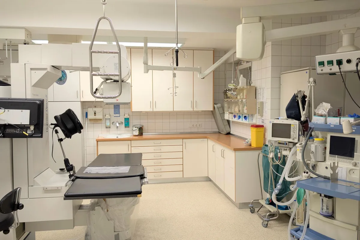 A physician reviewing a fluoroscopic image during a diagnostic nerve block.