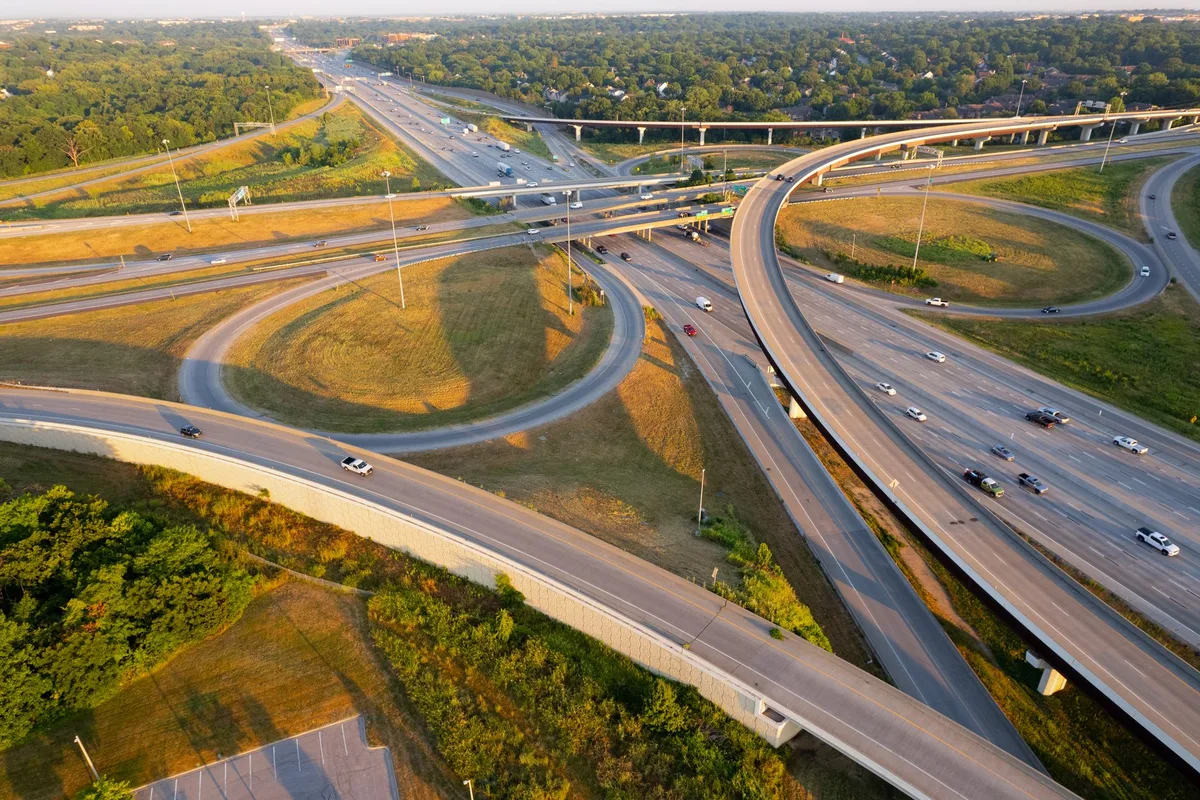 An aerial view of the I-70 and Woodson Road interchange near St. Louis Lambert International Airport.