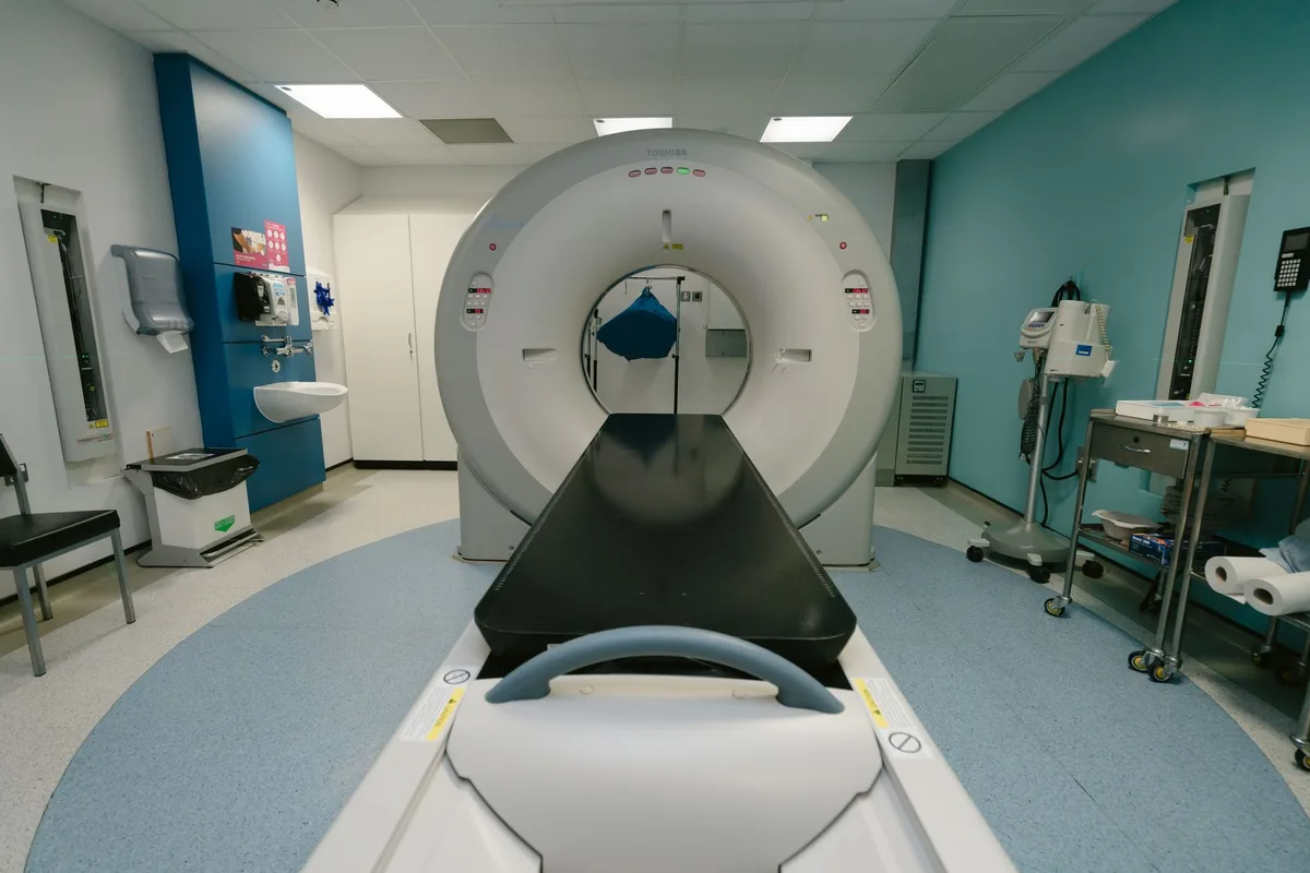 A fluoroscopy-equipped procedure room used for image-guided injections.