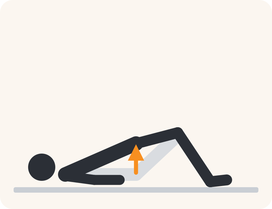 Line drawing of the bridge exercise. The pale figure is the starting position, the dark figure is the finish, and the orange arrow shows the movement.