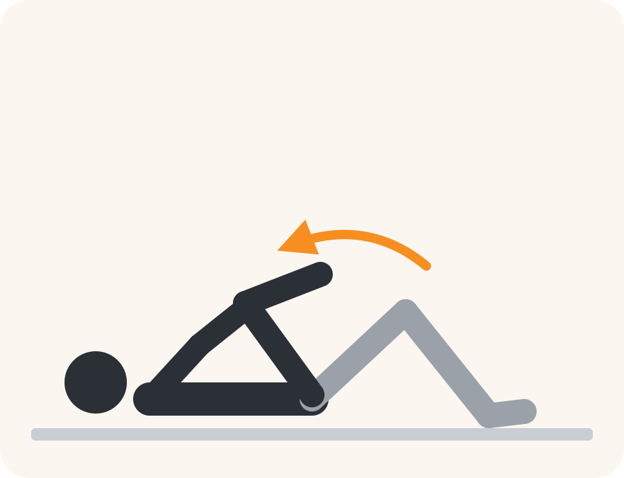 Line drawing of the knee to chest exercise. The pale figure is the starting position, the dark figure is the finish, and the orange arrow shows the movement.