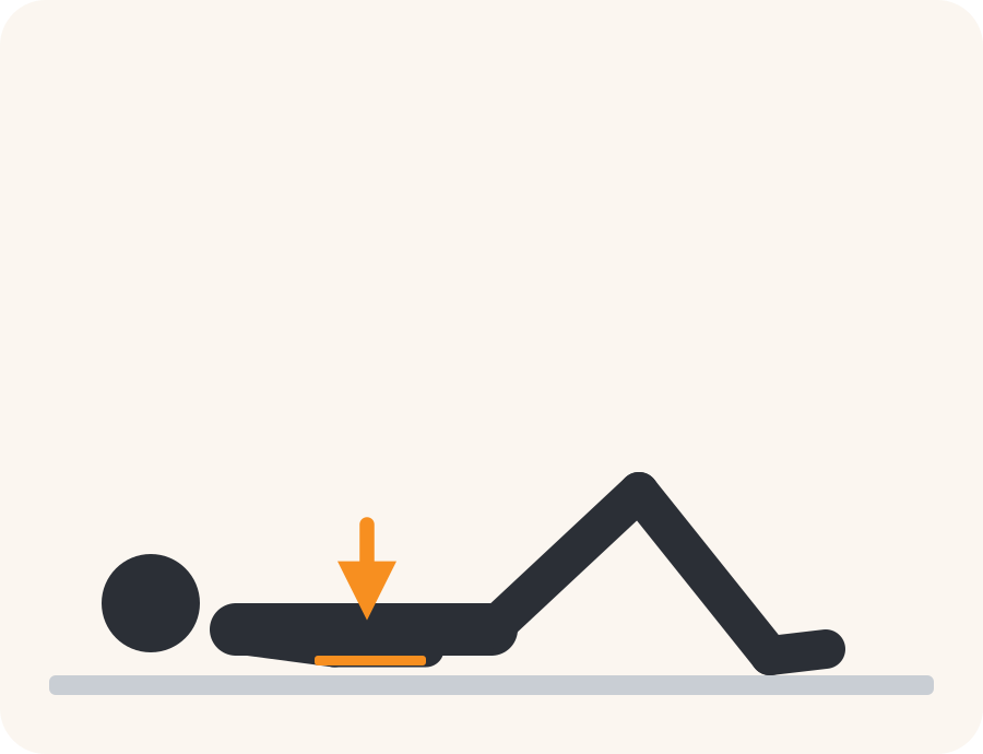 Line drawing of the pelvic tilt exercise. The pale figure is the starting position, the dark figure is the finish, and the orange arrow shows the movement.