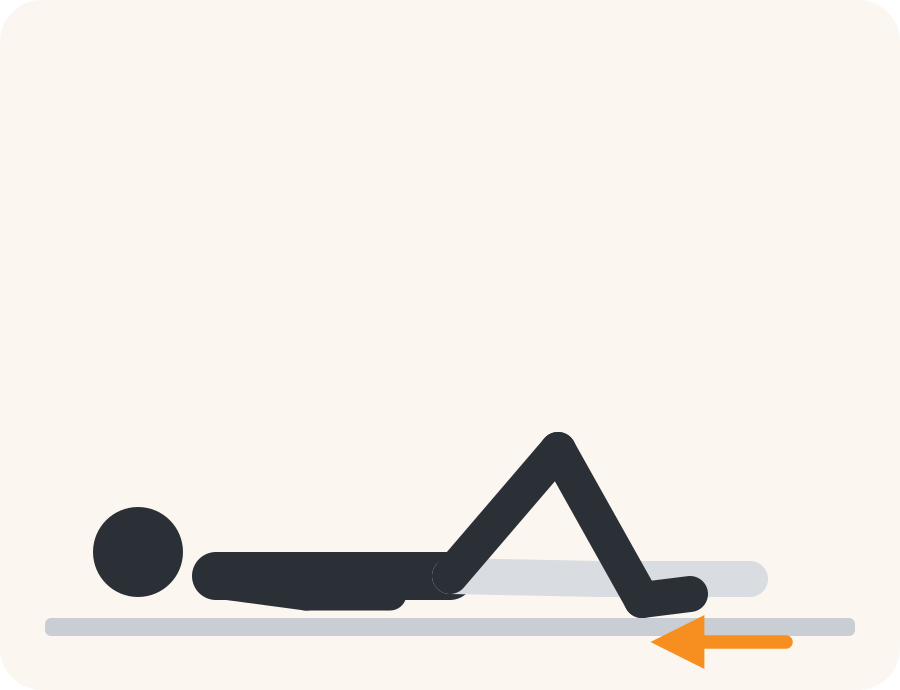 Line drawing of the heel slide exercise. The pale figure is the starting position, the dark figure is the finish, and the orange arrow shows the movement.