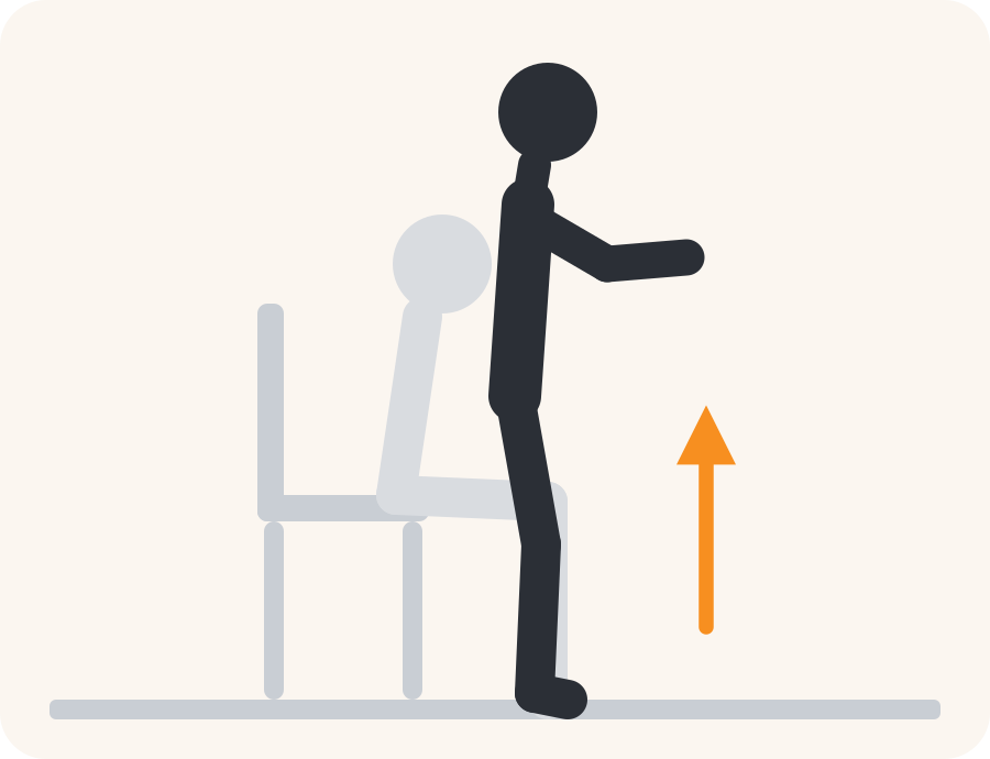 Line drawing of the sit to stand exercise. The pale figure is the starting position, the dark figure is the finish, and the orange arrow shows the movement.