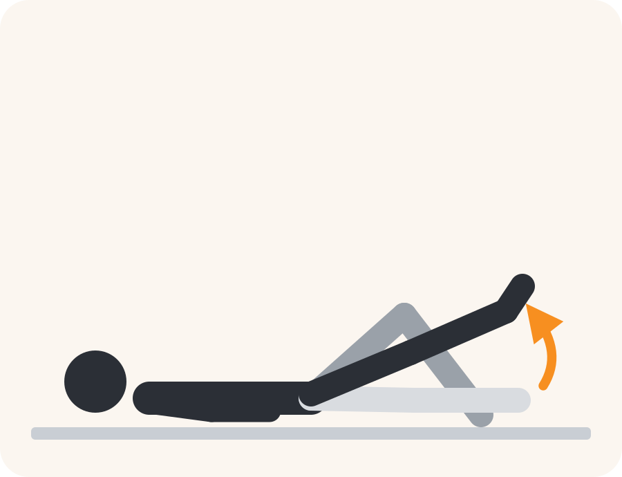 Line drawing of the straight leg raise exercise. The pale figure is the starting position, the dark figure is the finish, and the orange arrow shows the movement.