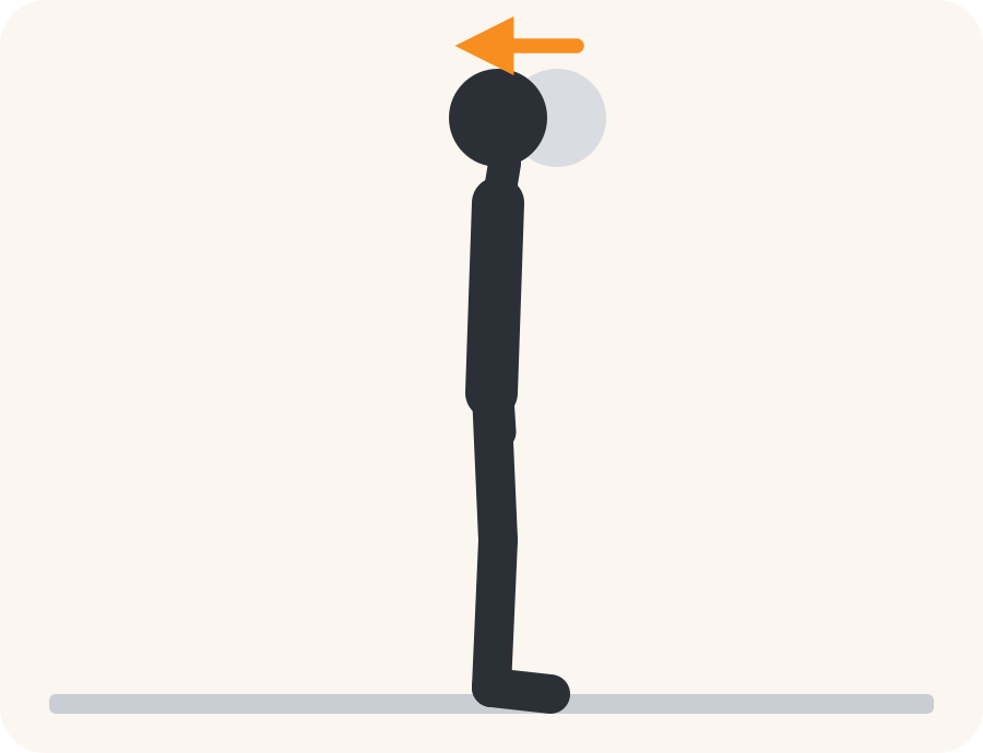 Line drawing of the chin tuck exercise. The pale figure is the starting position, the dark figure is the finish, and the orange arrow shows the movement.