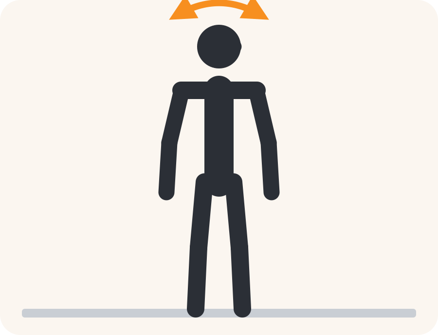 Line drawing of the neck turn exercise. The pale figure is the starting position, the dark figure is the finish, and the orange arrow shows the movement.