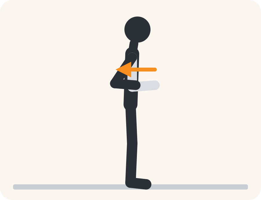 Line drawing of the shoulder blade squeeze exercise. The pale figure is the starting position, the dark figure is the finish, and the orange arrow shows the movement.
