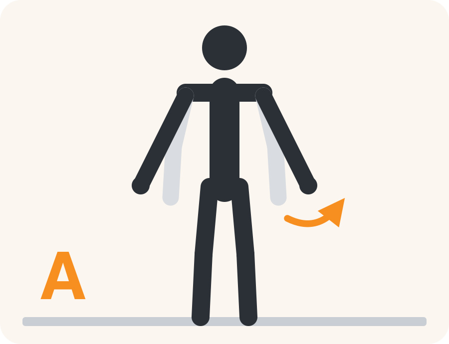 Line drawing of the A press exercise. The pale figure is the starting position, the dark figure is the finish, and the orange arrow shows the movement.