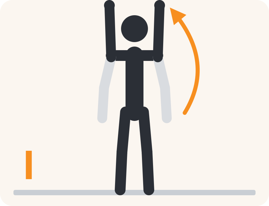 Line drawing of the I raise exercise. The pale figure is the starting position, the dark figure is the finish, and the orange arrow shows the movement.