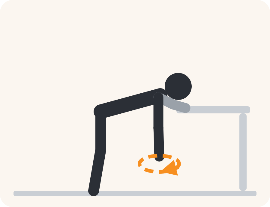 Line drawing of the pendulum exercise. The pale figure is the starting position, the dark figure is the finish, and the orange arrow shows the movement.