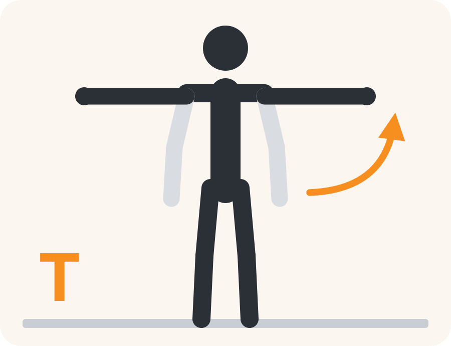 Line drawing of the T raise exercise. The pale figure is the starting position, the dark figure is the finish, and the orange arrow shows the movement.