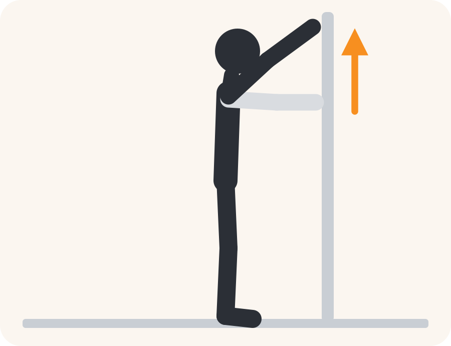Line drawing of the wall walk exercise. The pale figure is the starting position, the dark figure is the finish, and the orange arrow shows the movement.